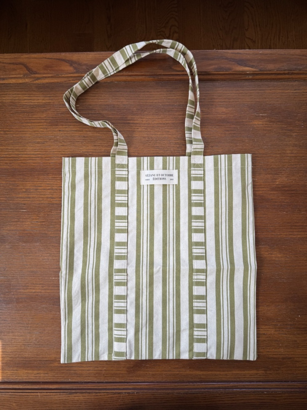 new Sézane Octobre Éditions striped olive green cotton tote bag limited edition